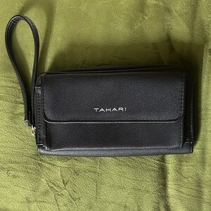 Tahari Black faux Leather Wristlet Clutch with Strap